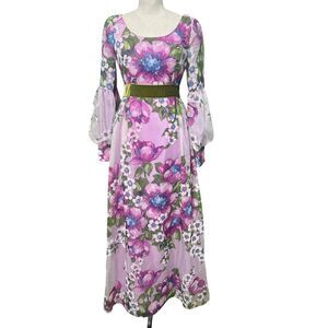 Vintage 1970s Fairycore Floral Maxi Dress Sheer Bell Sleeves Velvet Sash Small